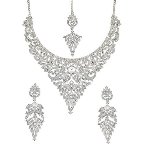 Touchstone Indian Bollywood Intricately Crafted Diamond Look Rhinestone Crystal Colorful Wedding Designer Jewelry Necklace Set in Gold and Silver Tone for Women.