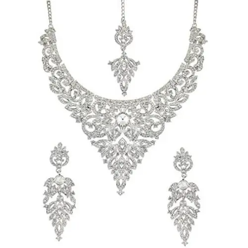 Touchstone Indian Bollywood Intricately Crafted Diamond Look Rhinestone Crystal Colorful Wedding Designer Jewelry Necklace Set in Gold and Silver Tone for Women.
