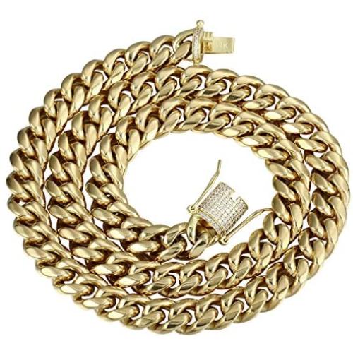 PY BLING 14k Gold Plated Mens Heavy Miami Cuban Link Chain Choker with Lab Diamond Clasp Stainless Steel Hip Hop Thick 8mm-16mm Necklace or Bracelet