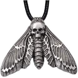 HAQUIL Skull Jewelry Alloy Skull Deaths-Head Hawkmoth Pendant Necklace with Leather Cord for Women and Girls, 19.8''