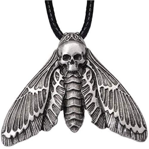 HAQUIL Skull Jewelry Alloy Skull Deaths-Head Hawkmoth Pendant Necklace with Leather Cord for Women and Girls, 19.8''