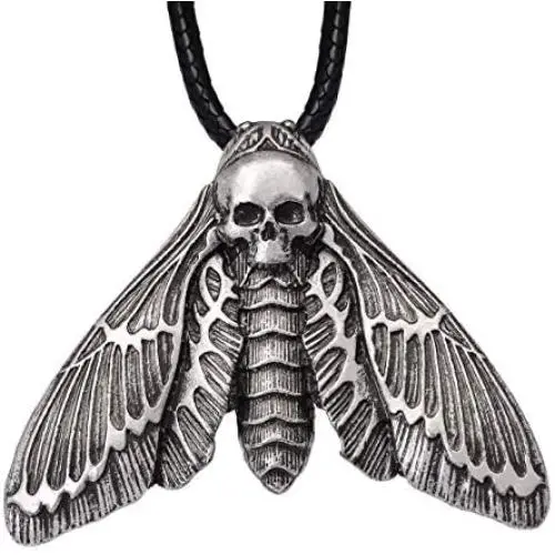 HAQUIL Skull Jewelry Alloy Skull Deaths-Head Hawkmoth Pendant Necklace with Leather Cord for Women and Girls, 19.8''