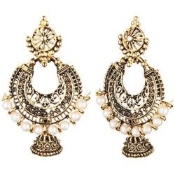Efulgenz Boho Vintage Antique Gypsy Tribal Indian Oxidized Gold Pearl Drop Jhumki Chandbali Dangle Earrings Set Jewelry