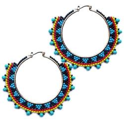 Handmade Beaded Indian Jewelry Multicolor Beads Beaded Dangle Hoop Fashion Earrings E-60-SB-3