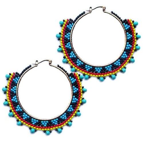 Handmade Beaded Indian Jewelry Multicolor Beads Beaded Dangle Hoop Fashion Earrings E-60-SB-3