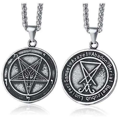 PJ Jewelry Mens Inverted Pentagram Samael Lilith Baphomet Goat Pendant Sigil of Lucifer Satanic Symbol Necklace PJ Jewelry Mens Inverted Pentagram Samael Lilith Baphomet Goat Pendant Sigil of Lucifer Satanic Symbol Necklace