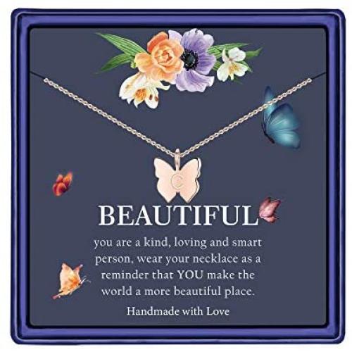 Initial Butterfly Necklace for Girls, 14K Gold Silver Rose Gold Filled Dainty Butterfly Pendant Choker Necklace Letter Initial Butterfly Necklace Personalized Butterfly Jewelry Gifts for Women Girls