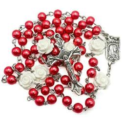 Nazareth Store Catholic Red Pearl Beads Rosary Jerusalem Necklace Our Rose Lourdes Medal & Cross NS