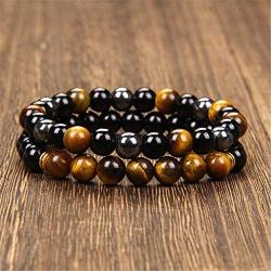 Vinswet 2PCS 8mm Black Obsidian Tiger Eye Beaded Couples Bracelets, Elastic Natural Stone Chakra Men Bracelet Matching Distance Bracelets for Men Women 7.5''