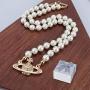 EFDF Vivienne Westwood Gold Saturn Pearl Necklace Rhinestone Imitation Necklace with Special Box for Women and Girls