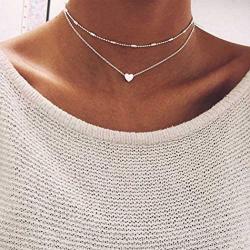 Yizaca Boho Layered Necklaces Silver Heart Clavicle Necklace Chain Choker Necklace Jewelry for Women and Girls