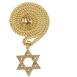 JAJAFOOK Star of David Pendant 18K Yellow Gold Iced Out Solid Jewish Necklace Jewelry, Cuban Chain