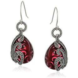 Sterling Silver Oxidized Genuine Marcasite and Garnet Colored Glass Textured Teardrop Dangle Earrings