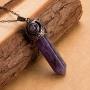 Bivei Retro Antique Brass Chakra Necklace Hexagonal Prism Gemstone Quartz Crystal Stone Healing Pendant