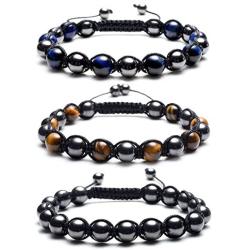 Top Plaza Men Women Reiki Healing Energy Natural Tiger Eye Stone Magnetic Hematite Therapy Beads Macrame Adjustable Braided Link Bracelet