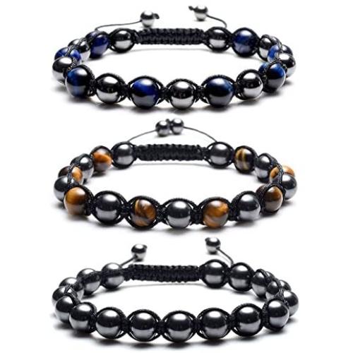 Top Plaza Men Women Reiki Healing Energy Natural Tiger Eye Stone Magnetic Hematite Therapy Beads Macrame Adjustable Braided Link Bracelet