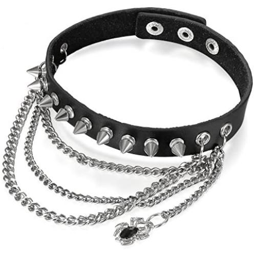 Flongo Gothic Black Rivet Leather Spiked Necklace Neckband Choker, Unisex Accent Spike Studded Punk Rock Biker Link Wide Strap Leather Collar Choker Necklace for Christmas