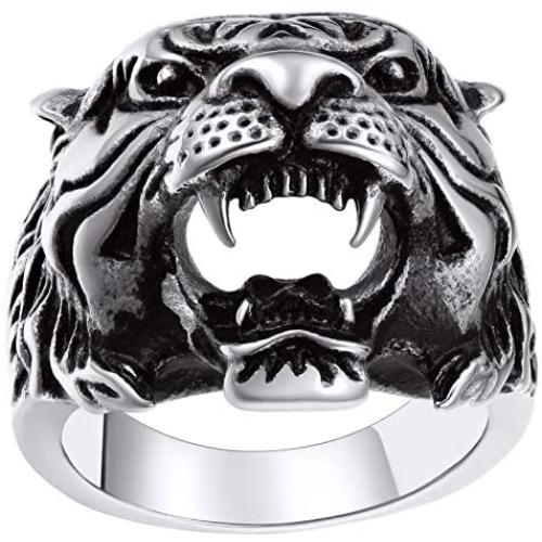 ChainsPro Mens Stunning Tiger Head Rings, Nice Craftmanship, Spiritual Animal Ring, Size #7-#14, 316L Stainless Steel/18K Gold Plated (Send Gift Box)