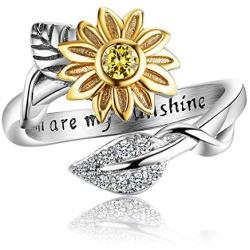 AILAAILA You are My Sunshine Sunflower Ring Stainless Steel Adjustable Cubic Zirconia Jewelry Size 4-10