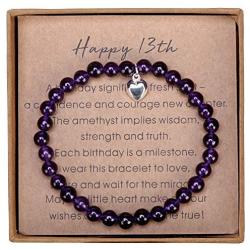 Gifts for 13 Year Old Girl Amethyst Bead Bracelet with Sterling Silver Heart Charm 13th Birthday Gifts for Girls with Card and Gift Box