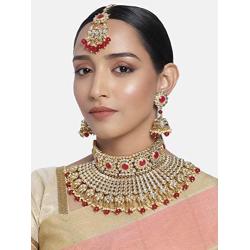 Aheli Ethnic Kundan Pearl Bridal Choker Necklace Earrings with Maang Tikka for Women Girls Indian Traditional Bollywood Fashion Jewelry Set