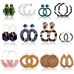 Duufin 12 Pairs Acrylic Earrings Rattan Earrings Set Resin Drop Dangle Mottled Acrylic Hoop Earrings Statement Earrings for Women Girls