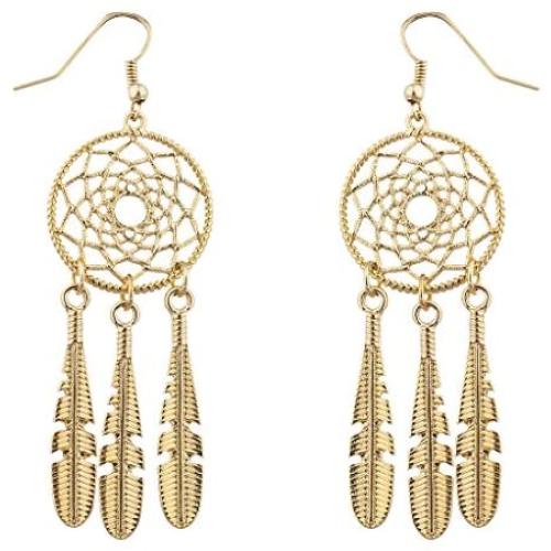 Lux Accessories Boho Gold Tone Casted Dreamcatcher Feather Dangle Earrings