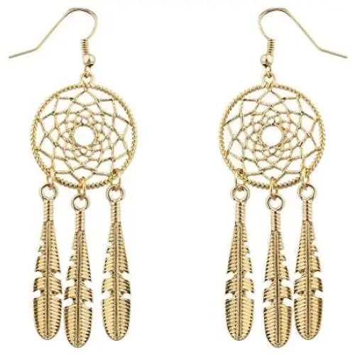 Lux Accessories Boho Gold Tone Casted Dreamcatcher Feather Dangle Earrings Lux Accessories Boho Gold Tone Casted Dreamcatcher Feather Dangle Earrings