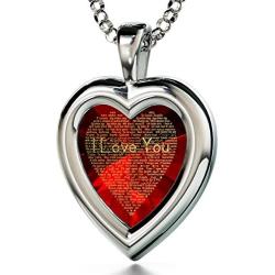 925 Sterling Silver Heart Pendant I Love You Necklace 24k Gold Inscribed in 120 Languages in Miniature Text on Sparkling Brilliant Cut Heart-Shaped Cubic Zirconia Gemstone, 18'' Rolo Chain