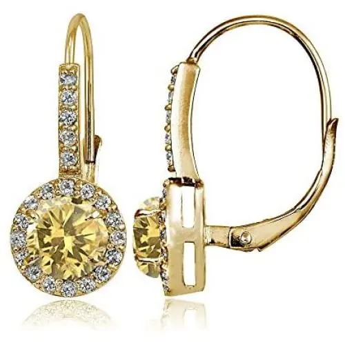 Yellow Gold Flashed Sterling Silver Genuine, Created or Simulated Gemstone and Cubic Zirconia Accents Round Leverback Earrings Yellow Gold Flashed Sterling Silver Genuine, Created or Simulated Gemstone and Cubic Zirconia Accents Round Leverback Earrings