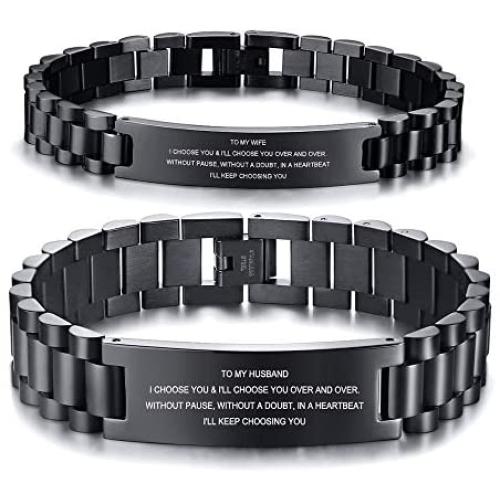 MEALGUET His & Hers Stainless Steel Love Quote Engraved Couple Link Bracelets Wristband for Lover Husband Wife Boyfriend Girlfriend,Valentines Day Gift