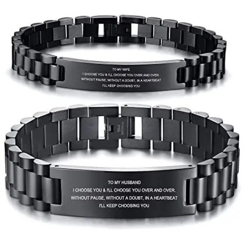 MEALGUET His & Hers Stainless Steel Love Quote Engraved Couple Link Bracelets Wristband for Lover Husband Wife Boyfriend Girlfriend,Valentines Day Gift