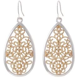 Bohemian Gold & Silver Two Tone Floral Filigree Big Tear Drop Earrings