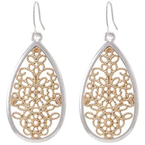 Bohemian Gold & Silver Two Tone Floral Filigree Big Tear Drop Earrings