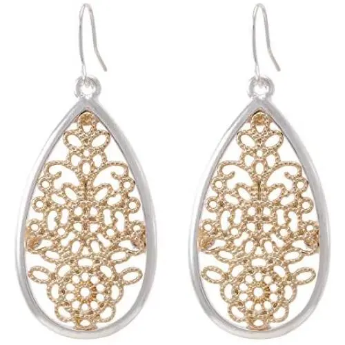 Bohemian Gold & Silver Two Tone Floral Filigree Big Tear Drop Earrings
