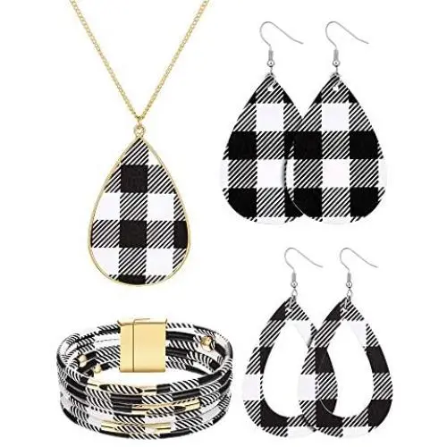 4 Pieces Womens Printed Jewelry Set Multi-Layer Bracelet Faux Leather Dangle Earrings and Necklace 4 Pieces Womens Printed Jewelry Set Multi-Layer Bracelet Faux Leather Dangle Earrings and Necklace