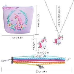 Hicdaw 5 Pcs Jewelry Set for Unicorn Gift for Girls Included Friendship Bracelet Cute Stud Earrings Storage Bag Necklace