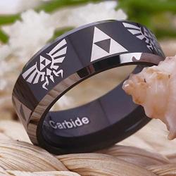 Cloud Dancer Free Custom Engraving The Legend of Zelda Ring- Crest and Triforce Ring Black Tungsten Carbide Wedding Bands Ring