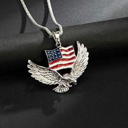 Flying Bald Eagle Pendant Necklace for Men, American Flag Necklace with 23.6” Chain, Vintage Hawk Eagle Pendant, Silver Metal Alloy Chain, Viking Animal Necklace Jewelry Gift for Men Boys