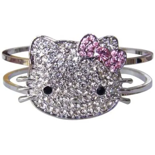 Sparkling Kitty Face Bangle Bracelet with Pink Bow-Silver Tone Sparkling Kitty Face Bangle Bracelet with Pink Bow-Silver Tone