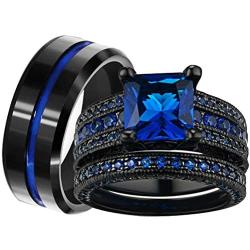 ringheart Couple Rings Black Plated Princess Cut Blue Cz Womens Wedding Ring Sets Titanium Steel Men Wedding Band (Please Buy 2 Rings for 1 Pair)