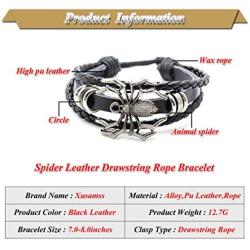 Xusamss Punk Rock Alloy Spider Bracelet Drawstring Rope Leather Bracelet,7-8inches