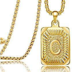 MEMGIFT 18K Real Yellow Gold Initial Letter Men Necklace Rectangle Capital Pendant Monogram A-Z Stainless Steel Box Chain 22inch Unique Trendy Fashion Handmade Fancy Personalized Women Jewelry