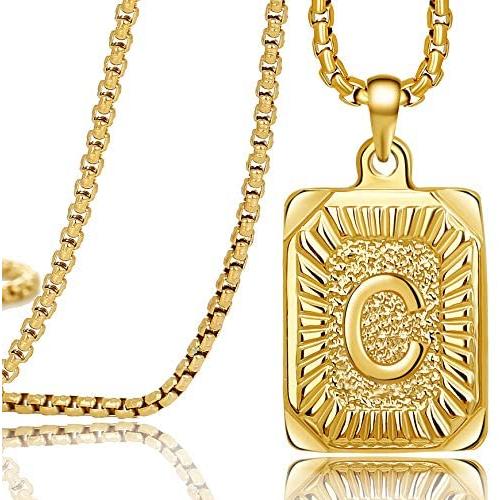 MEMGIFT 18K Real Yellow Gold Initial Letter Men Necklace Rectangle Capital Pendant Monogram A-Z Stainless Steel Box Chain 22inch Unique Trendy Fashion Handmade Fancy Personalized Women Jewelry