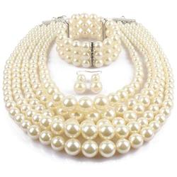 Fodattm Women Lady Multi Layer Imitation Pearl Strand Cluster with Necklace Bracelet and Earrings Set Elegant Costume Jewelry Sets