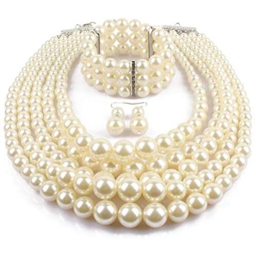 Fodattm Women Lady Multi Layer Imitation Pearl Strand Cluster with Necklace Bracelet and Earrings Set Elegant Costume Jewelry Sets