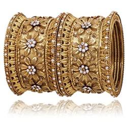 SANARA Indian Bollywood Antique Gold Plated Exclusive 6 pcs Women Metal Bangle Set Flower Design Bracelet Jewelry