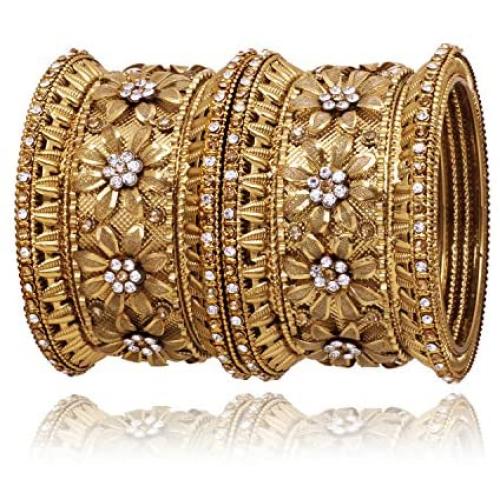 SANARA Indian Bollywood Antique Gold Plated Exclusive 6 pcs Women Metal Bangle Set Flower Design Bracelet Jewelry