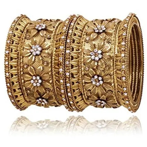 SANARA Indian Bollywood Antique Gold Plated Exclusive 6 pcs Women Metal Bangle Set Flower Design Bracelet Jewelry