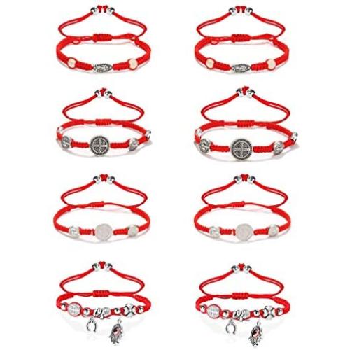 Finrezio 8PCS Saint Benedict & Evil Eye Cord Bracelets for Women Men Evil Protection Medal Rosary Bracelet Set Lucky String Catholic Gifts Religious Jewelry